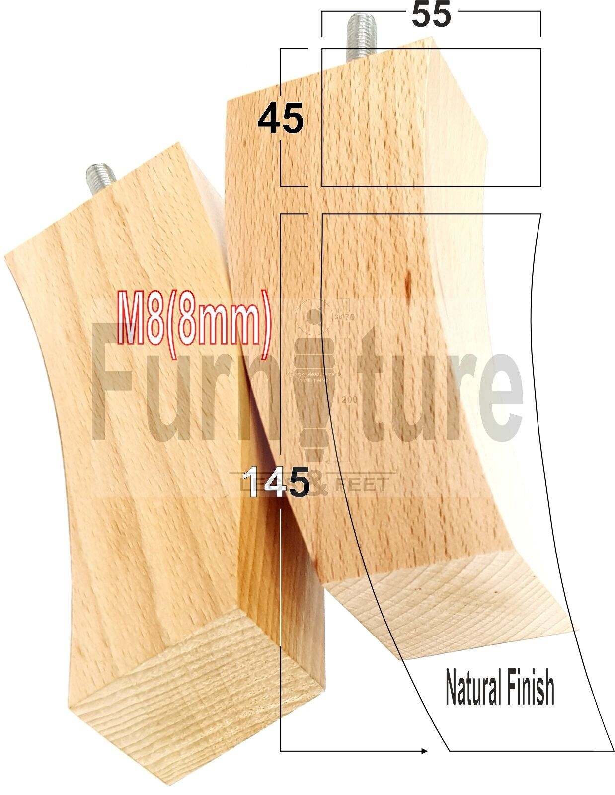 Set Of 4 Solid Wood Curved Furniture Feet Replacement Legs 145mm High M8(8mm)