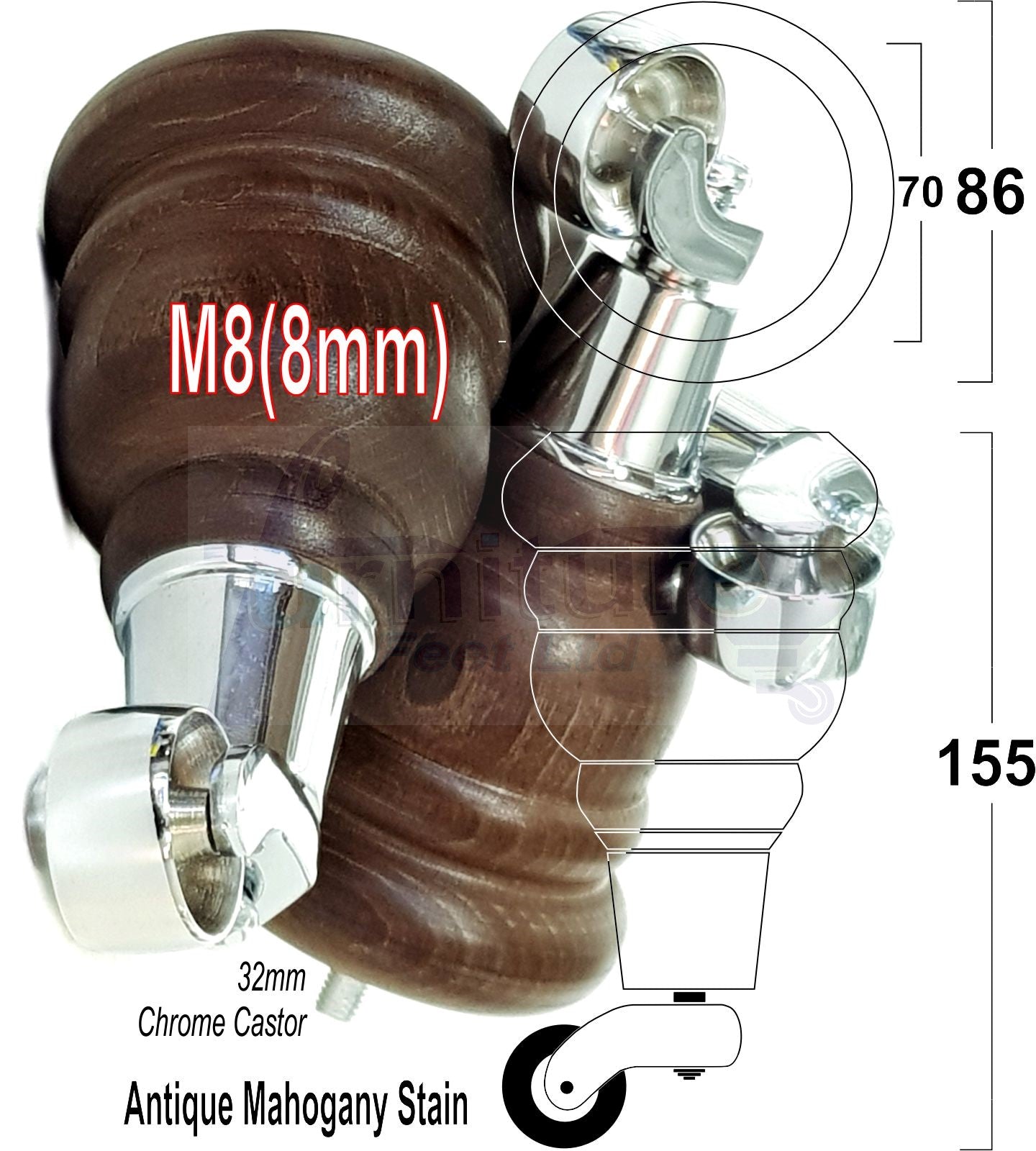 4 Turned Wood Furniture Feet With Chrome Castors 155mm Legs Sofas Chairs Stools Cabinets Beds M8 6 Inches