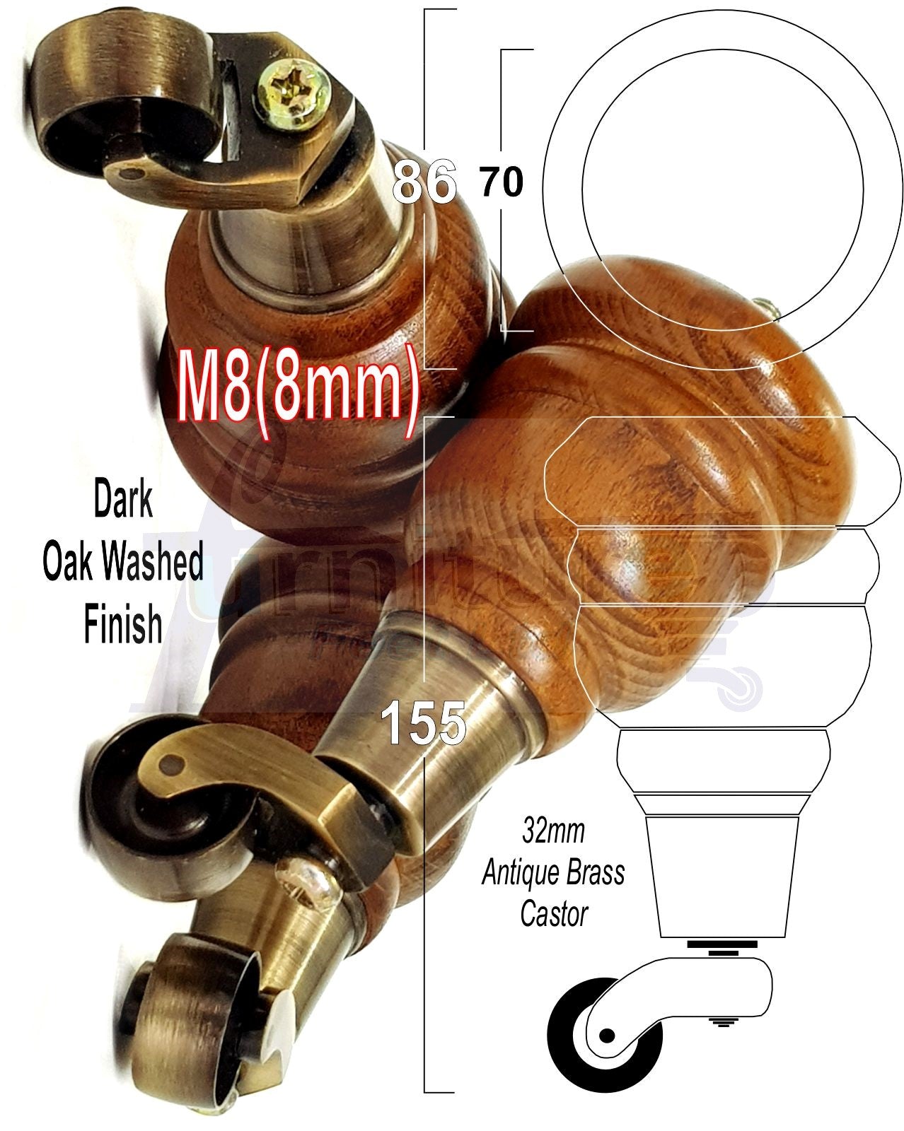 4 Turned Wood Furniture Feet With Antique Brass Castors 155mm Legs Sofas Chairs Stools Cabinets Beds M8 6 Inches