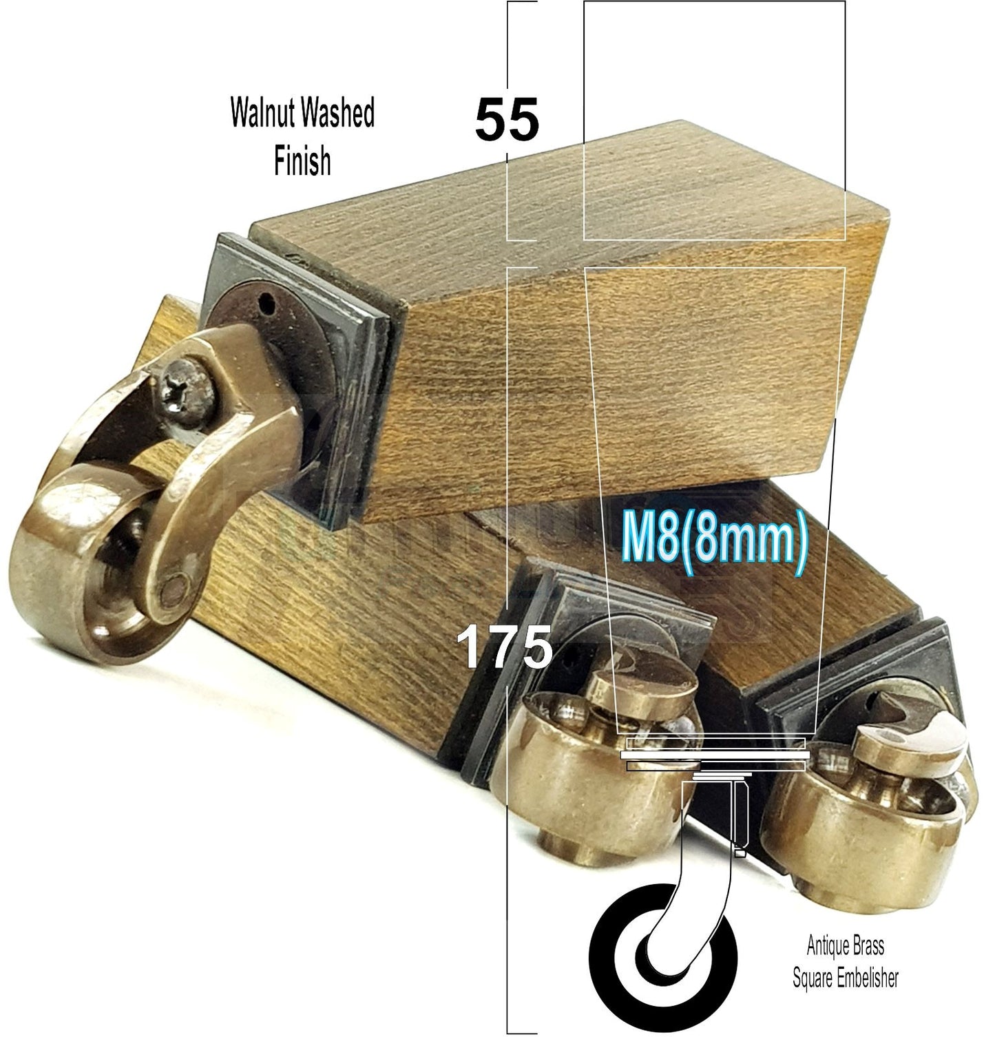 4x Solid Wood Furniture Legs Chair Sofa Bed Replacement Feet 175mm High With Antique Castors 8mm Thread