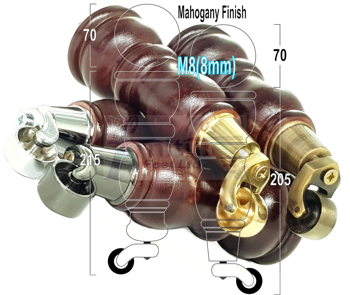 4 Turned Wood Furniture Feet With Castor 205mm High Legs Mahogany Finish M8 Sofas Chairs Stools Cabinets 8 Inches Tall