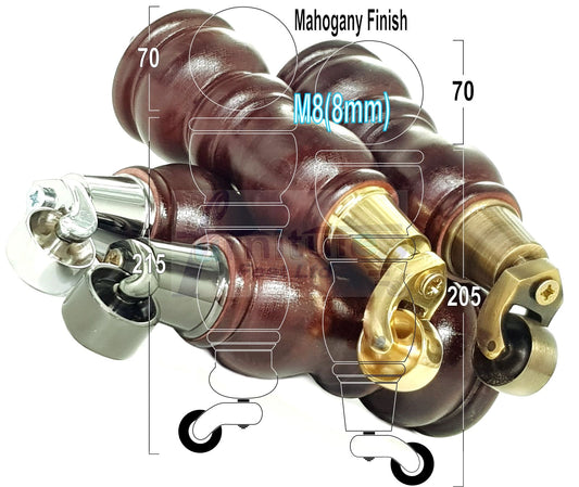 4 Turned Wood Furniture Feet With Castor 205mm High Legs Mahogany Finish M8 Sofas Chairs Stools Cabinets 8 Inches Tall