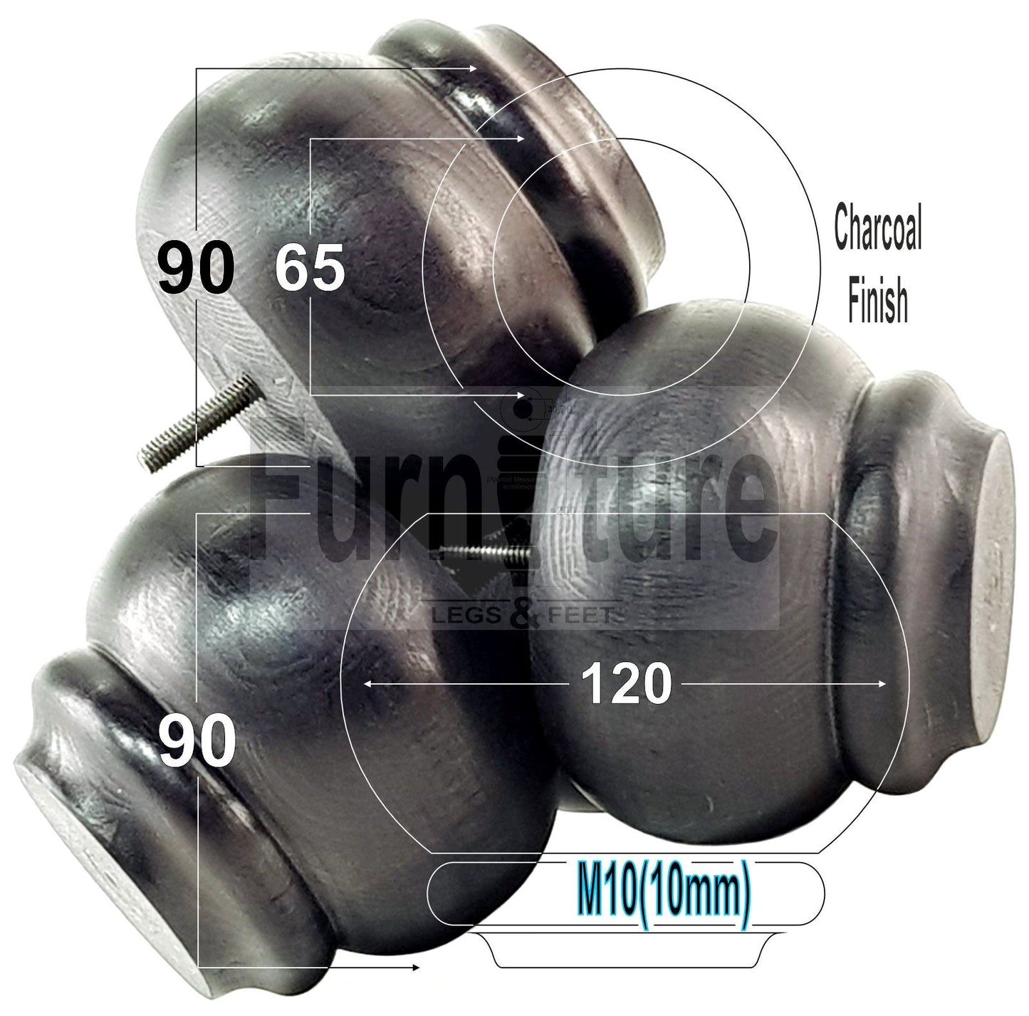  4 Turned Wooden Furniture Legs Replacement Feet 50mm High 10mm Thread For Settees, Chairs