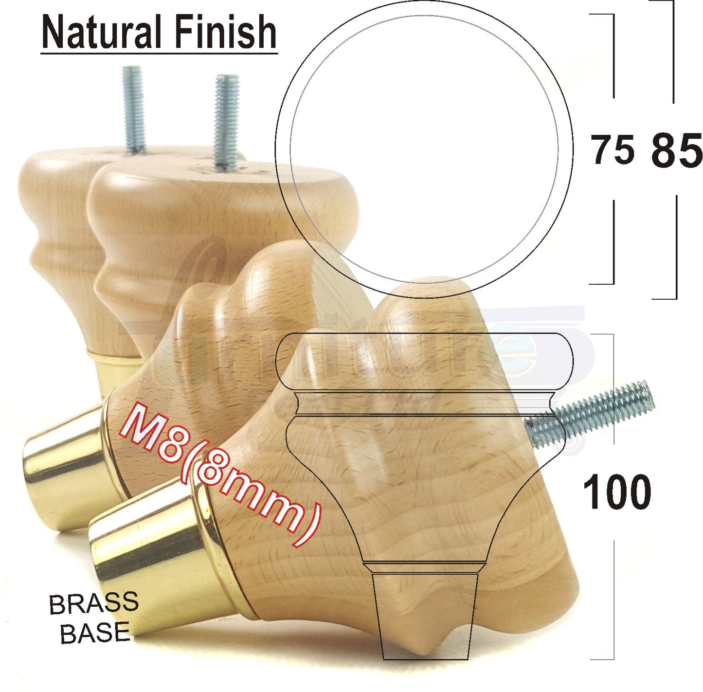 4x Turned Wood Furniture Feet M8(8mm) With Slipper Cup Chair Sofa Settee Legs 110mm