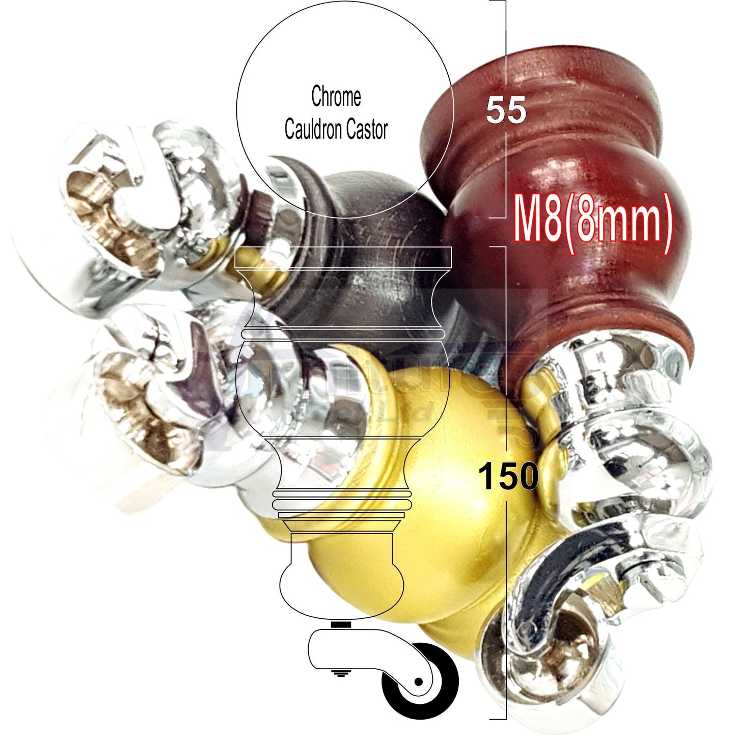 4x Turned Wood Furniture Legs With Castor Wheels 150mm High M8(8mm)