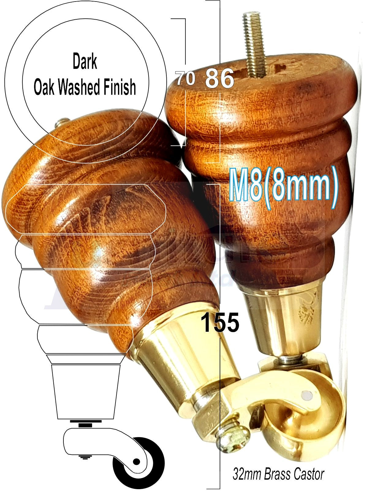 4 Turned Wood Furniture Feet With Brass Castors 155mm Legs Sofas Chairs Stools Cabinets Beds M8 6 Inches