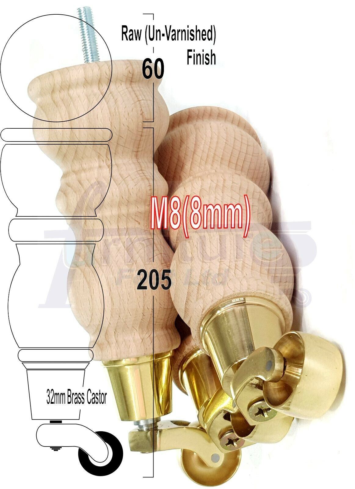 4x Furniture Feet With Castor 205mm High Legs Raw Wood M8 Sofas Chairs Stools Cabinets 8 Inches Tall