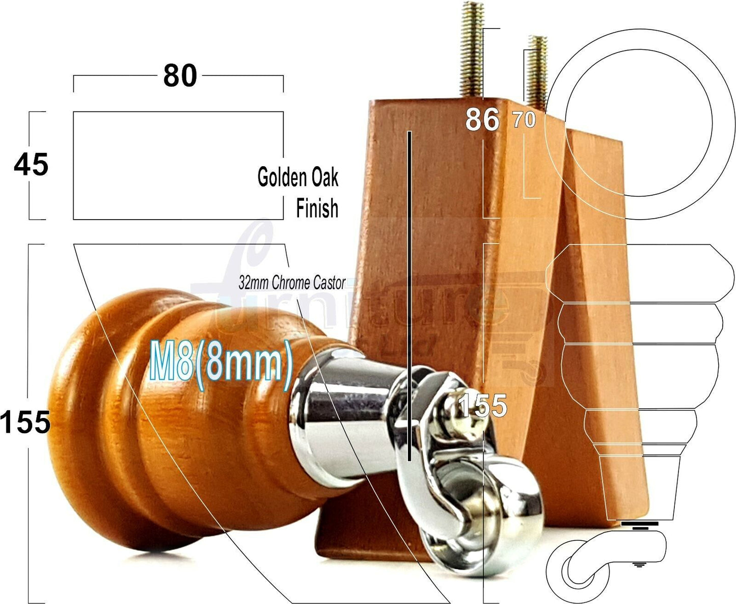 Turned Wood Furniture Feet Golden Oak 2 With Castors 155mm and 2 Curved Back Legs Sofas Chairs Stools Cabinets Beds M8 6 Inches