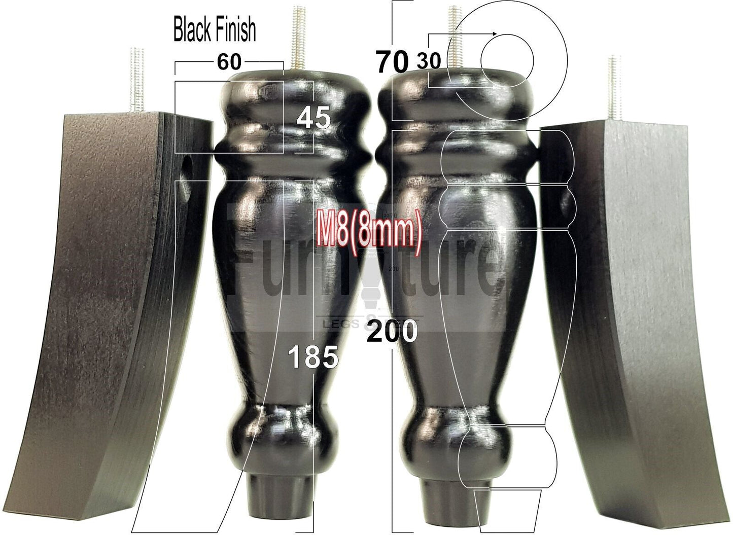 2 Traditional Turned Furniture Feet Replacement Sofa Legs 200mm & 2 Curved Back Legs 185mm for Chairs Stools Sofa Beds Settee Cabinets M8