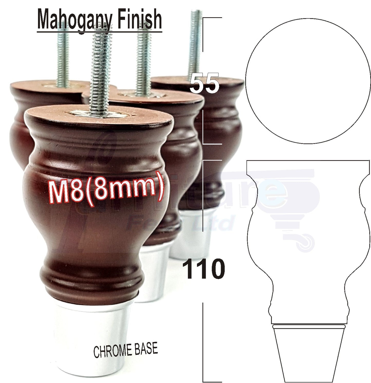 4x Turned Wood Furniture Feet M8(8mm) With Slipper Cup Chair Sofa Settee Legs 110mm