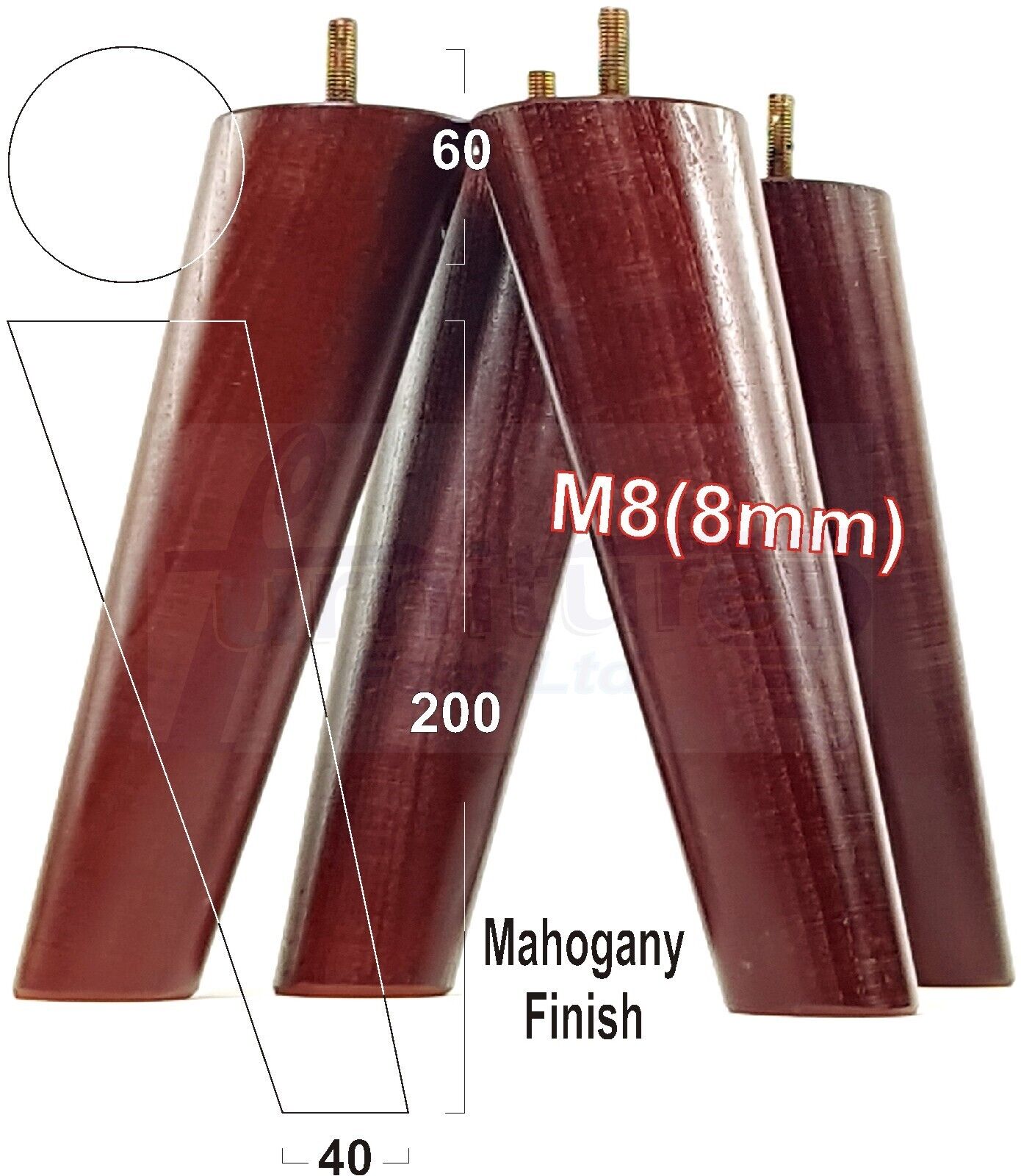 4 Solid Wood Turned Furniture Feet Replacement Mid Centry Angled Retro Legs 200mm High M8 Sofa Chairs Stools Cabinets Beds