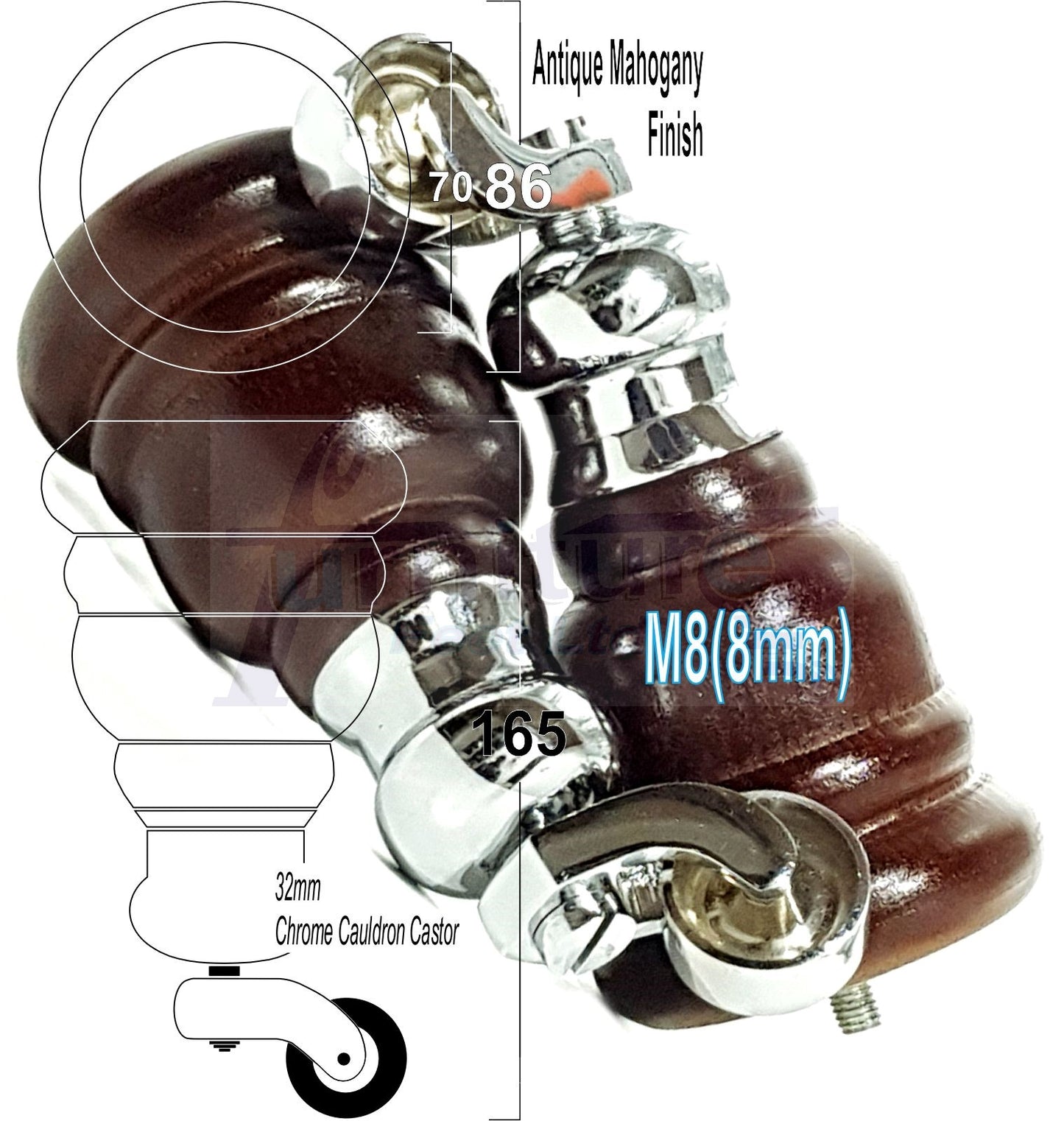 4 Turned Wood Furniture Feet With Chrome Cauldron Castors 155mm Legs Sofas Chairs Stools Cabinets Beds M8 6 Inches