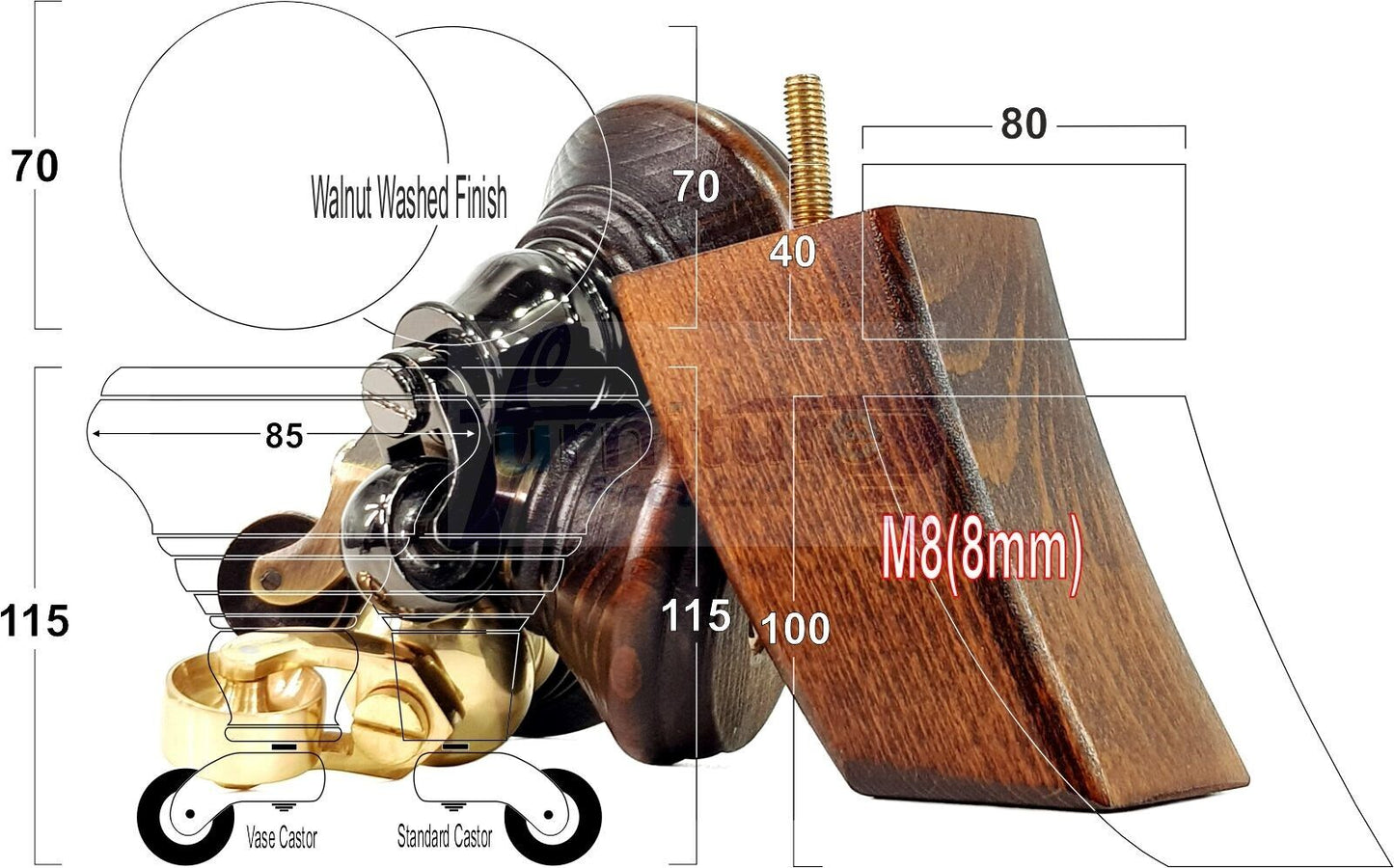 2 Dark Walnut Washed Wood Furniture Sofa Feet With Castor 125mm & 2 Curved Legs Chair Settee 100mm High M8