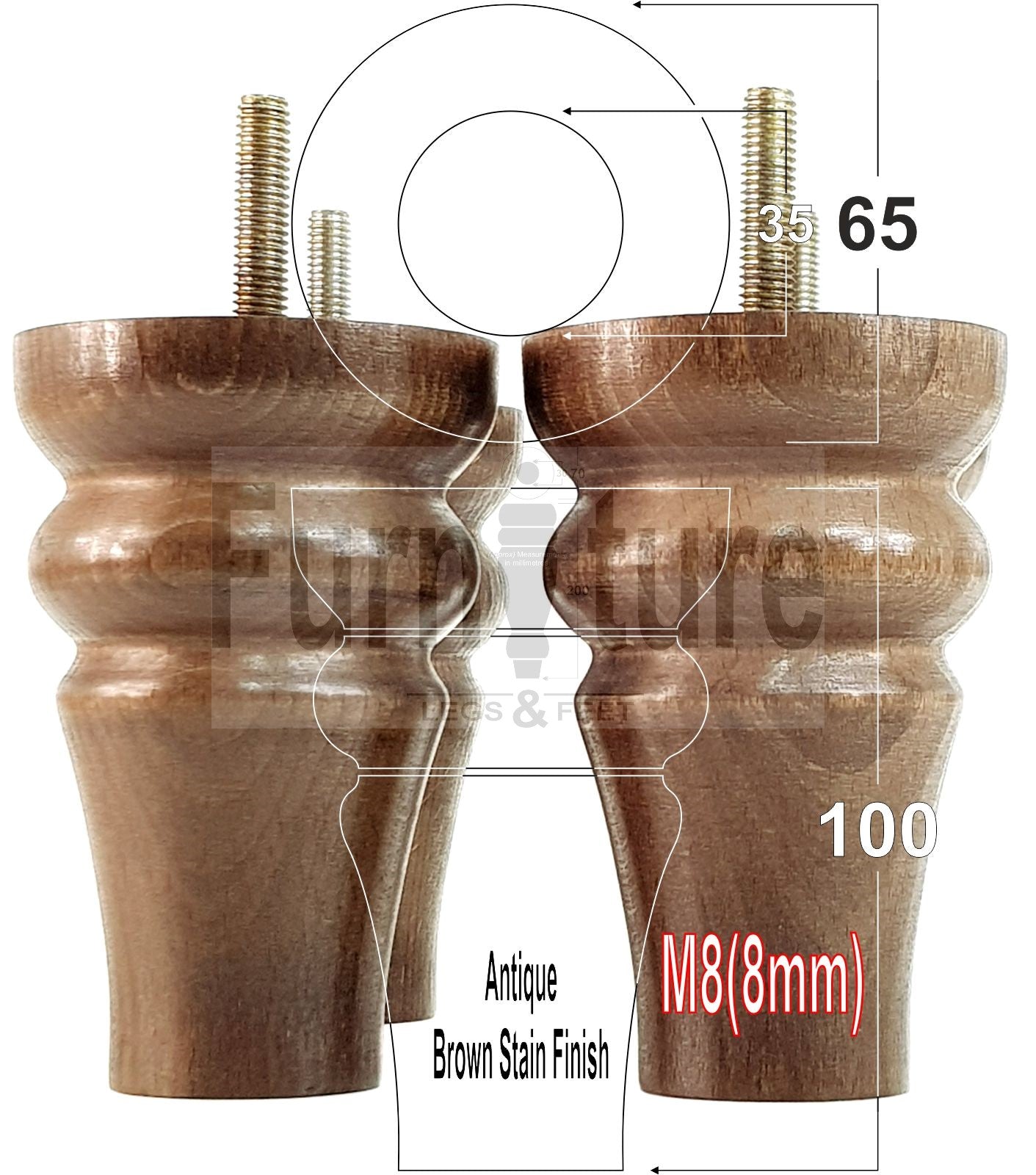 Solid Wood Turned Furniture Legs Replacement Bun Feet 100mm High M8 Dowl Fixing Set of 4