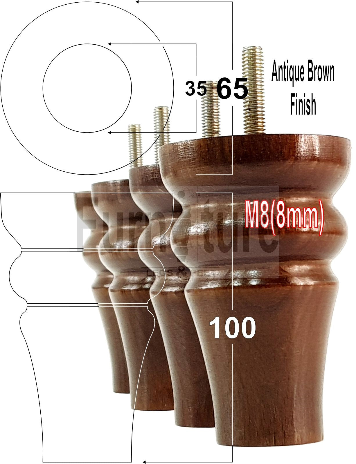Solid Wood Turned Furniture Legs Replacement Bun Feet 100mm High M8 Dowl Fixing Set of 4