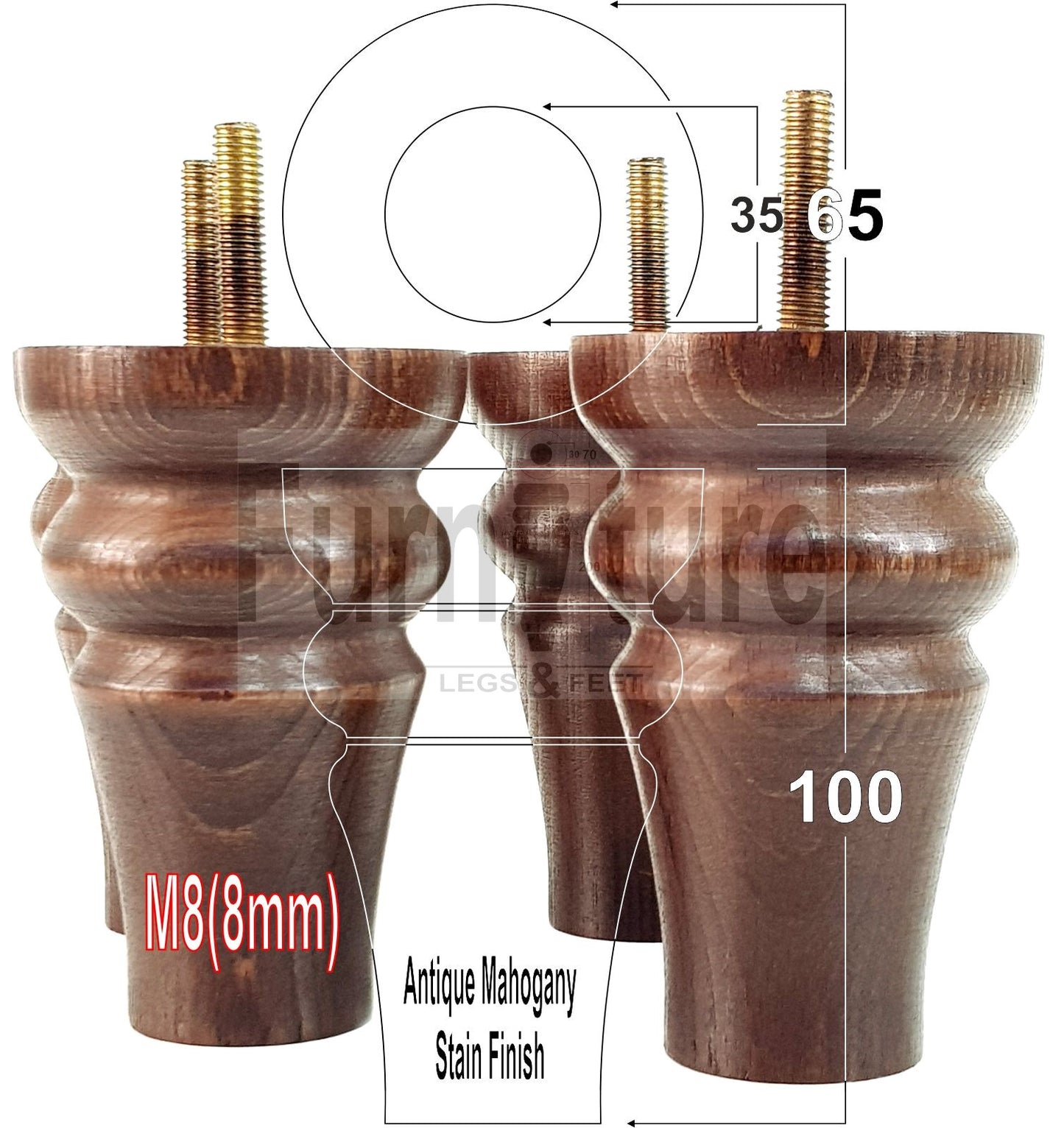 Solid Wood Turned Furniture Legs Replacement Bun Feet 100mm High M8 Dowl Fixing Set of 4