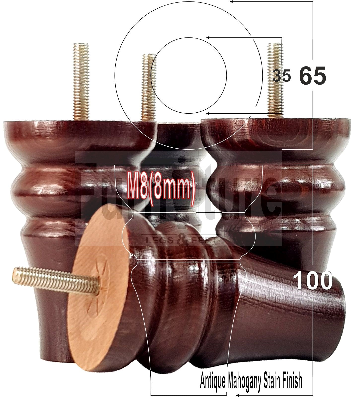 Solid Wood Turned Furniture Legs Replacement Bun Feet 100mm High M8 Dowl Fixing Set of 4