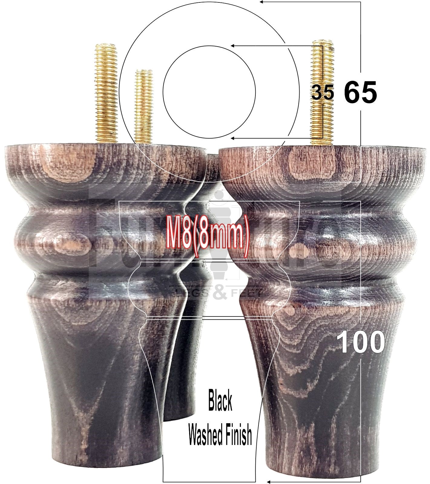 Solid Wood Turned Furniture Legs Replacement Bun Feet 100mm High M8 Dowl Fixing Set of 4