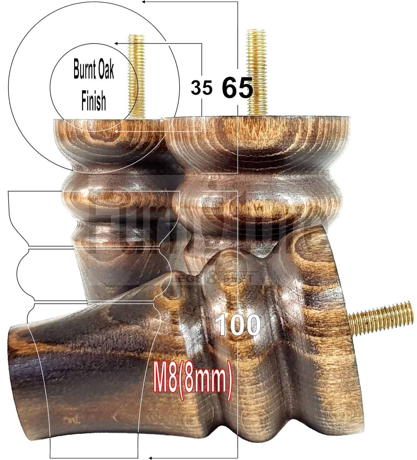 Solid Wood Turned Furniture Legs Replacement Bun Feet 100mm High M8 Dowl Fixing Set of 4