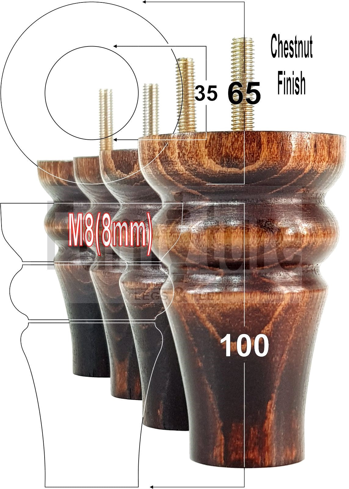 Solid Wood Turned Furniture Legs Replacement Bun Feet 100mm High M8 Dowl Fixing Set of 4