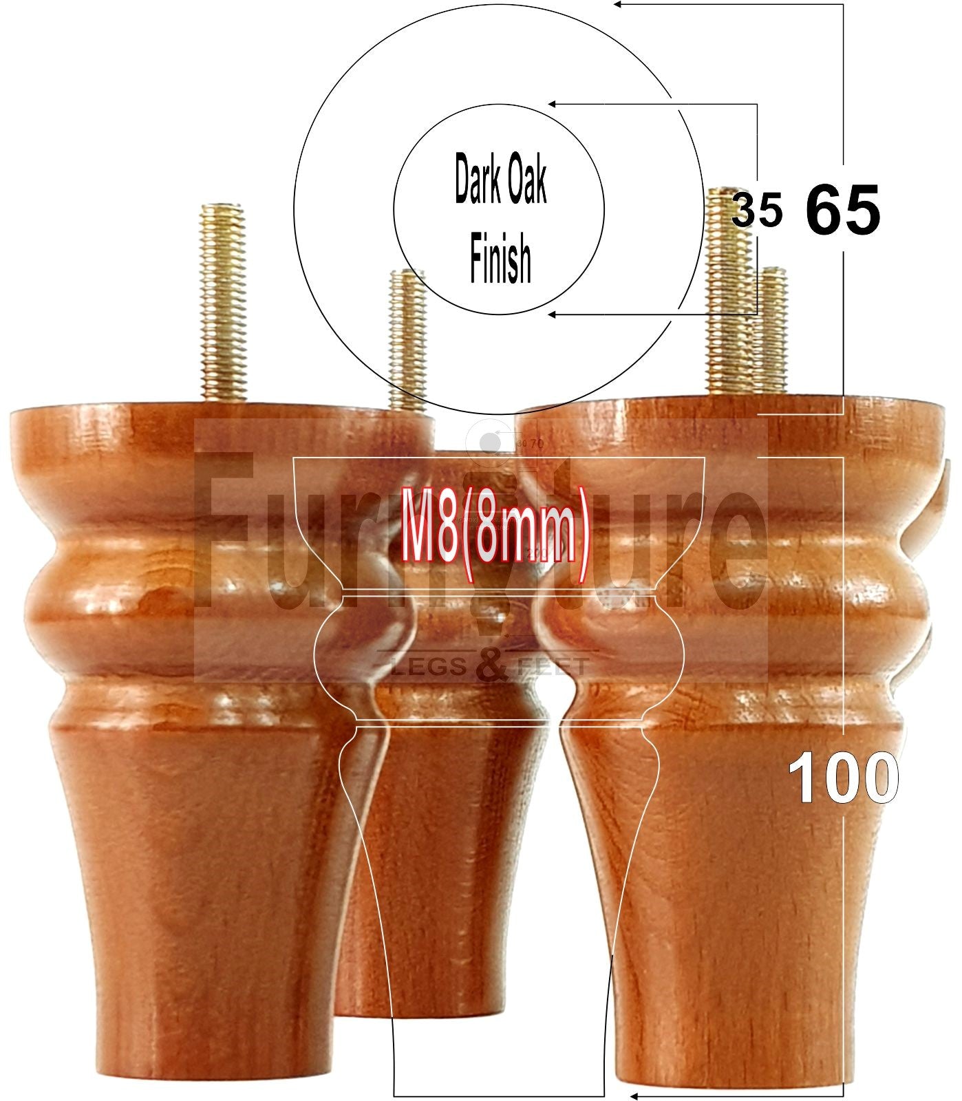 Solid Wood Turned Furniture Legs Replacement Bun Feet 100mm High M8 Dowl Fixing Set of 4