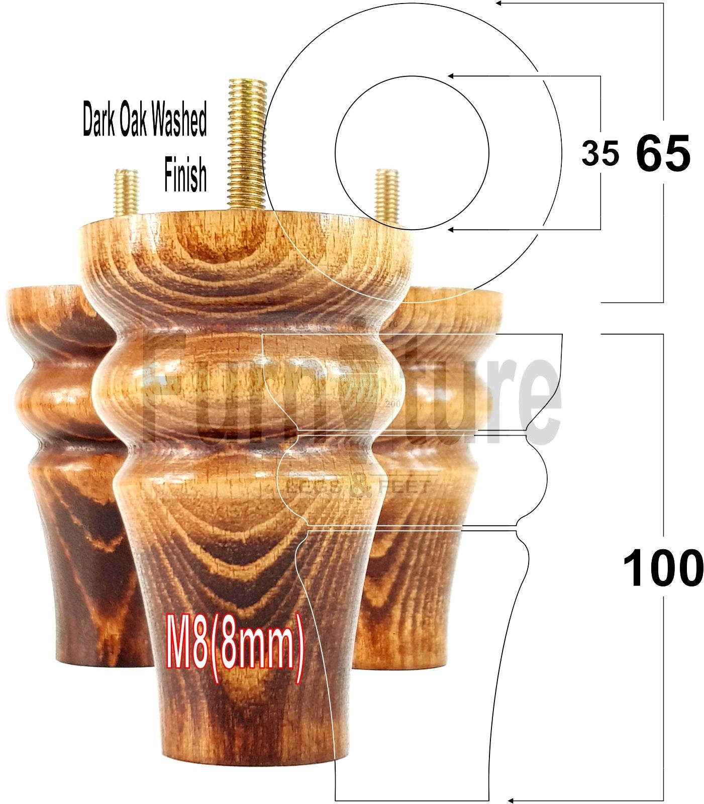 Solid Wood Turned Furniture Legs Replacement Bun Feet 100mm High M8 Dowl Fixing Set of 4