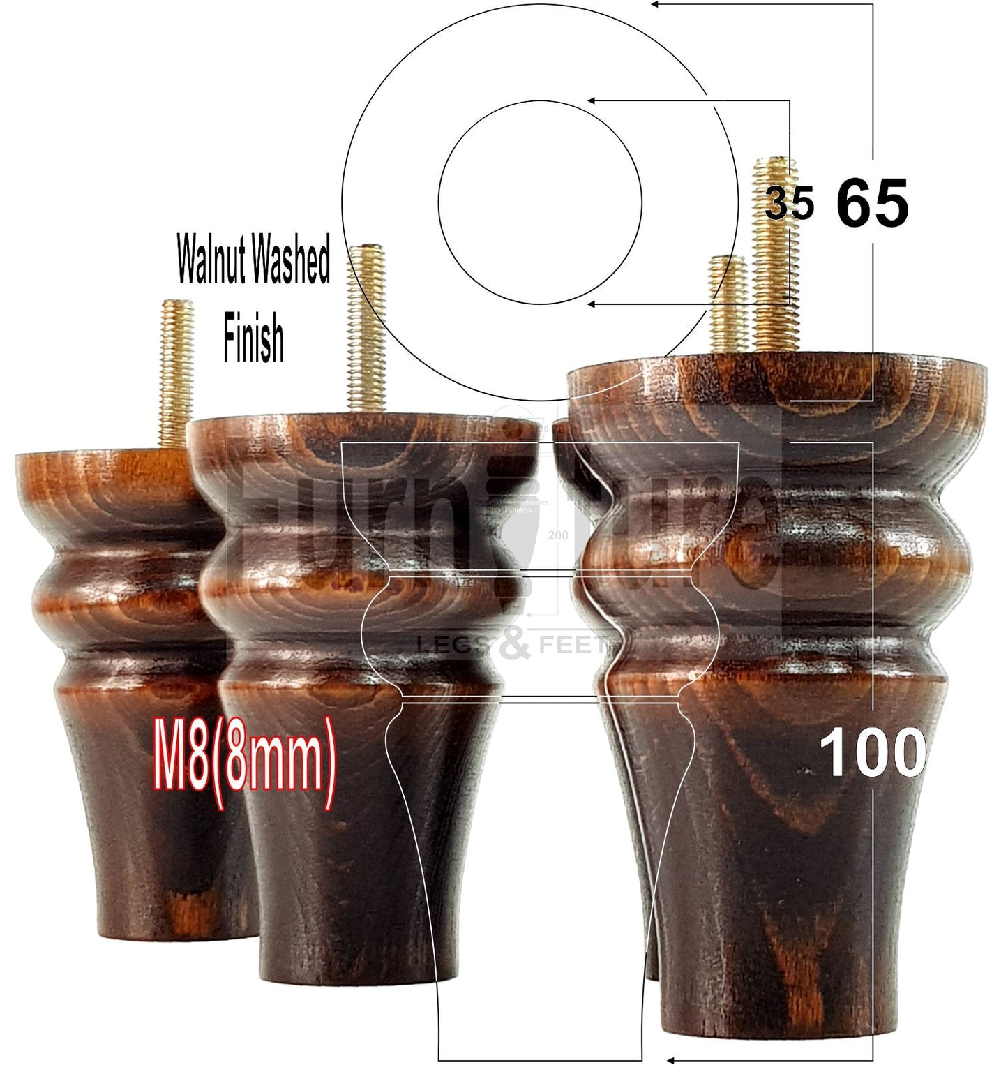 Solid Wood Turned Furniture Legs Replacement Bun Feet 100mm High M8 Dowl Fixing Set of 4