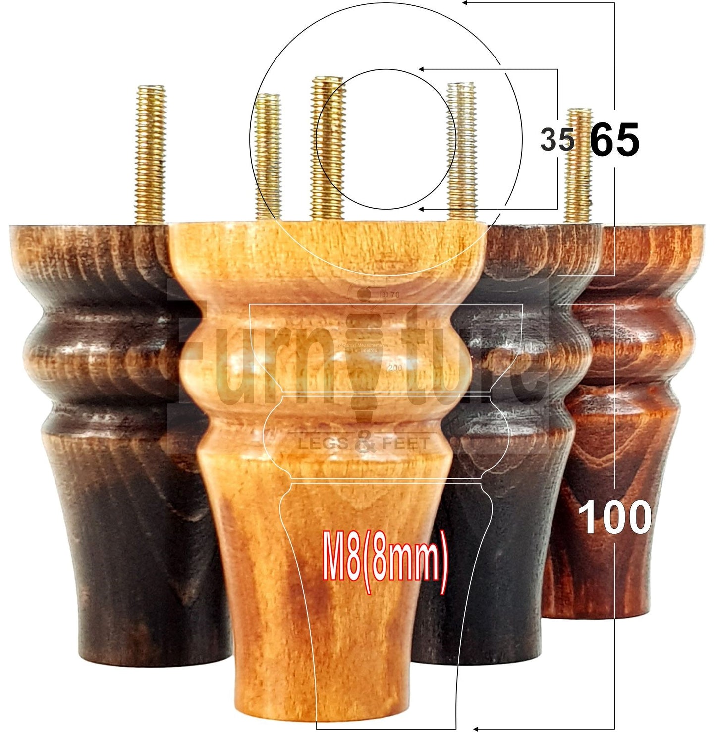 Solid Wood Turned Furniture Legs Replacement Bun Feet 100mm High M8 Dowl Fixing Set of 4