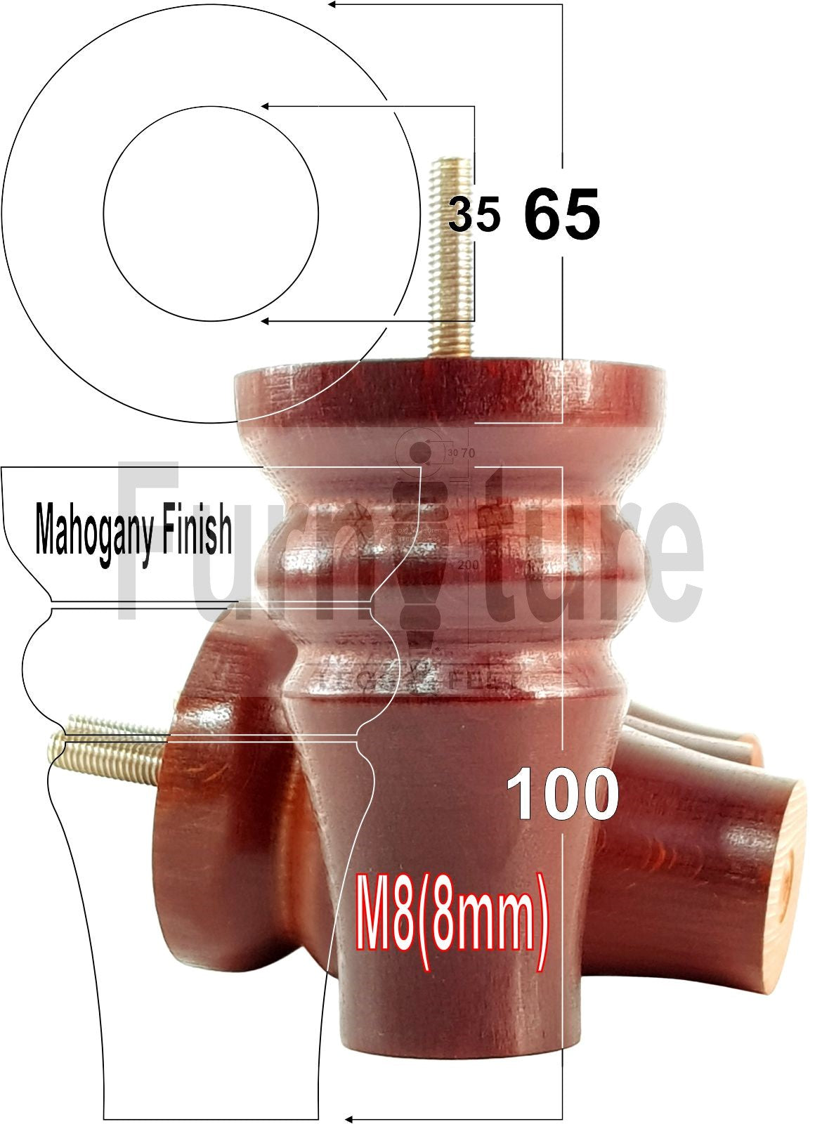 Solid Wood Turned Furniture Legs Replacement Bun Feet 100mm High M8 Dowl Fixing Set of 4