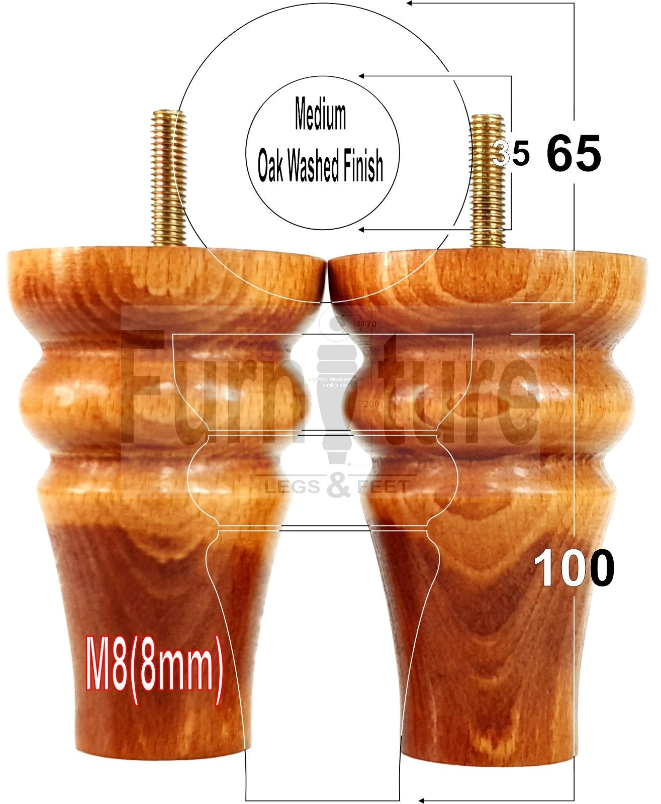 Solid Wood Turned Furniture Legs Replacement Bun Feet 100mm High M8 Dowl Fixing Set of 4