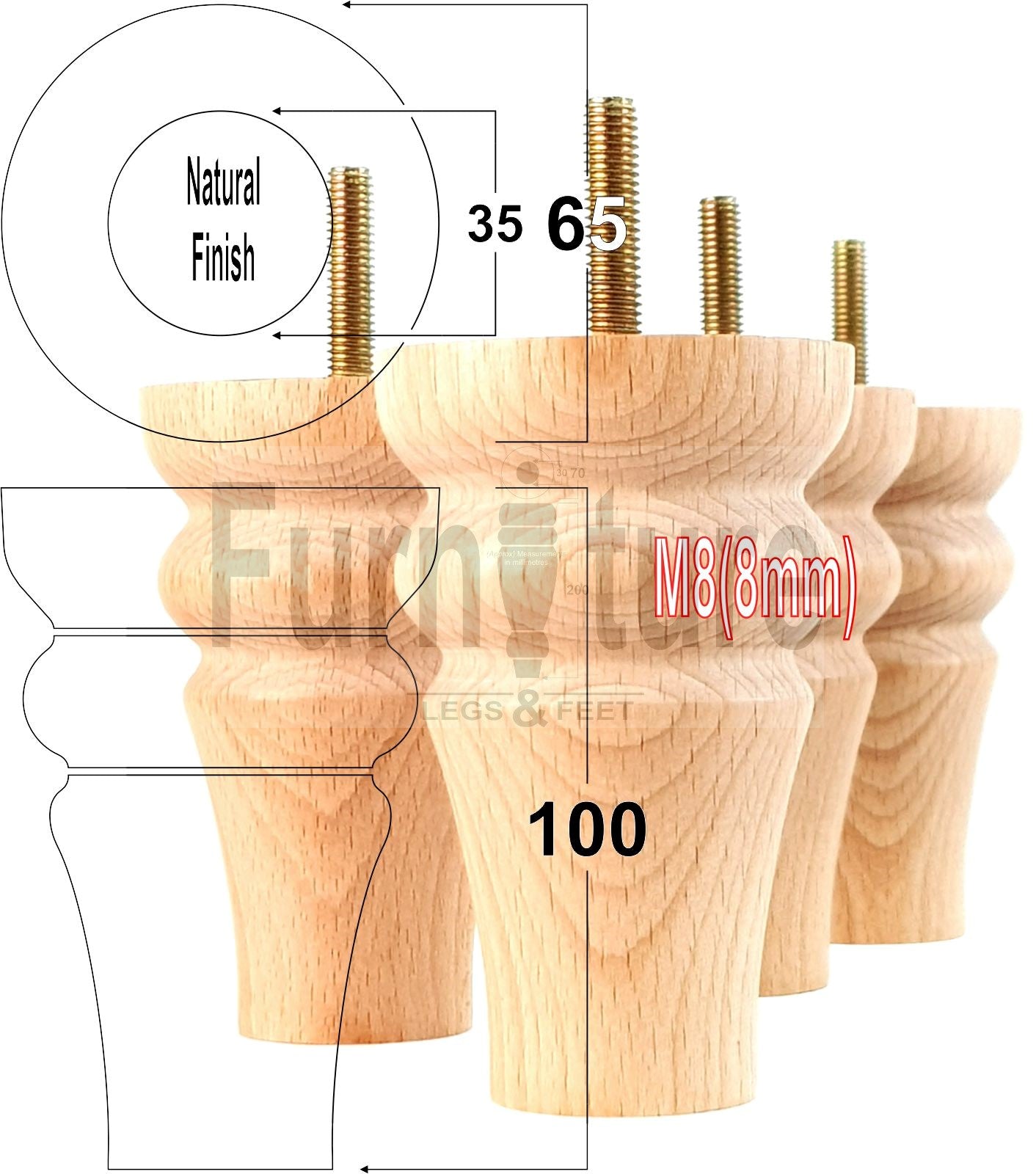 Solid Wood Turned Furniture Legs Replacement Bun Feet 100mm High M8 Dowl Fixing Set of 4