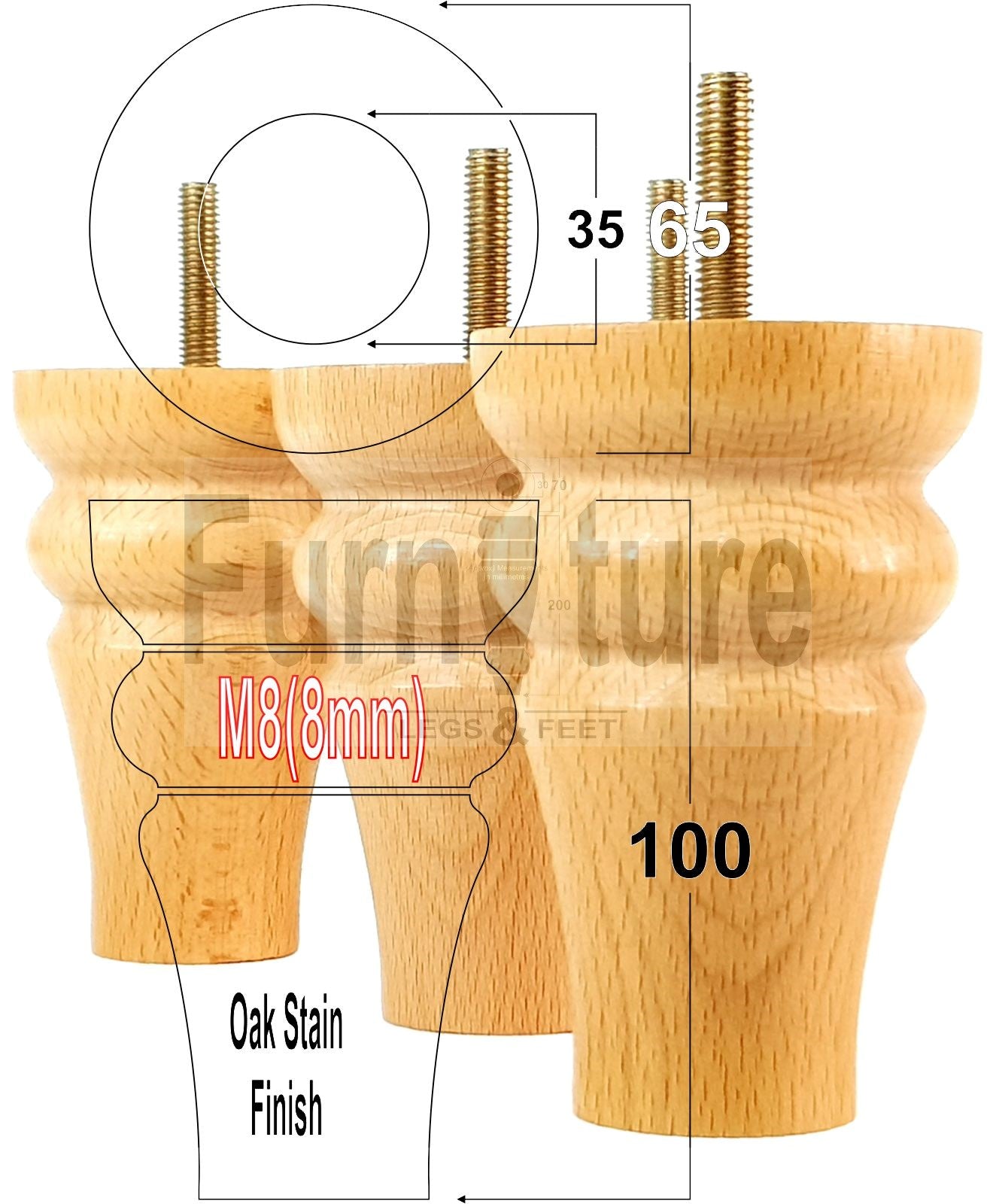 Solid Wood Turned Furniture Legs Replacement Bun Feet 100mm High M8 Dowl Fixing Set of 4