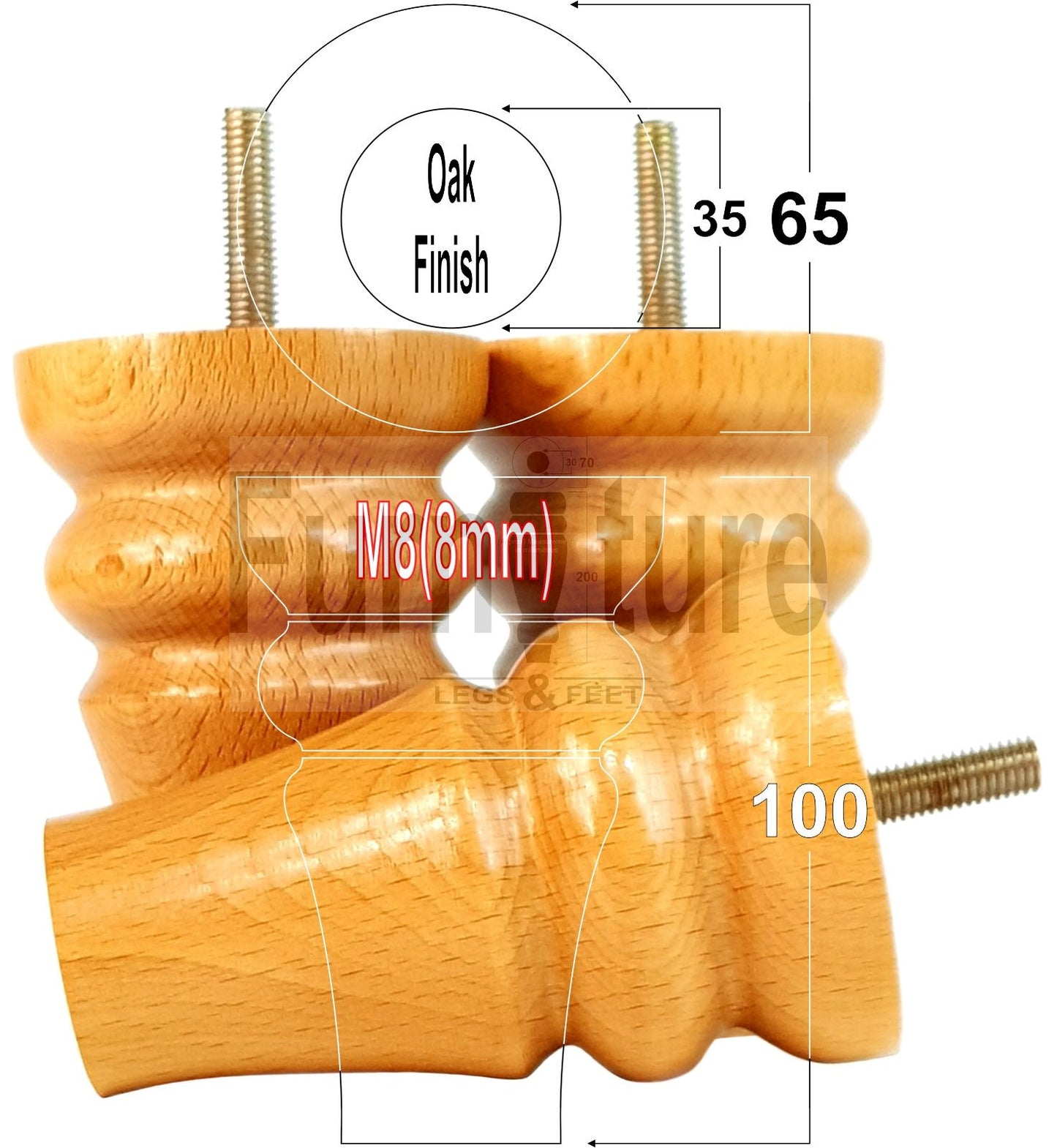 Solid Wood Turned Furniture Legs Replacement Bun Feet 100mm High M8 Dowl Fixing Set of 4
