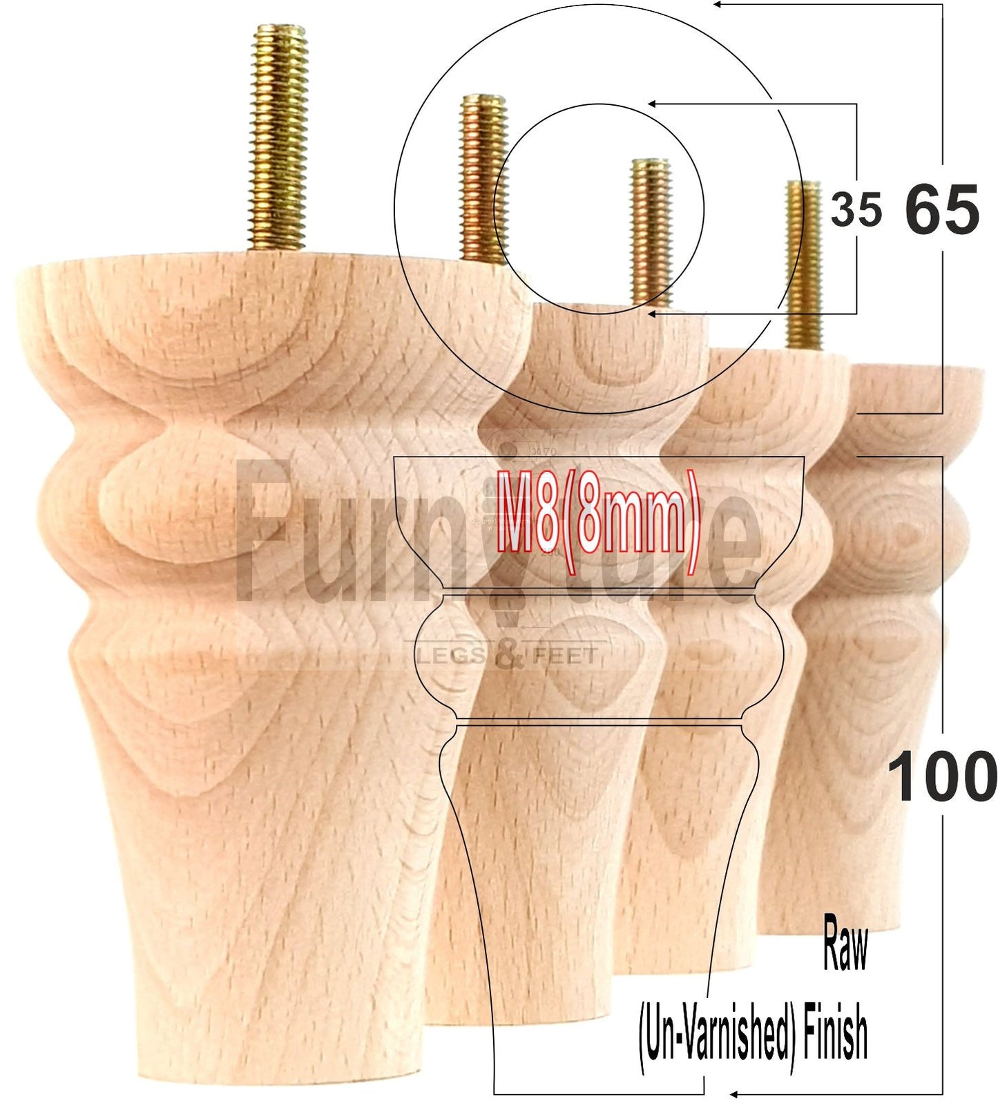 Solid Wood Turned Furniture Legs Replacement Bun Feet 100mm High M8 Dowl Fixing Set of 4