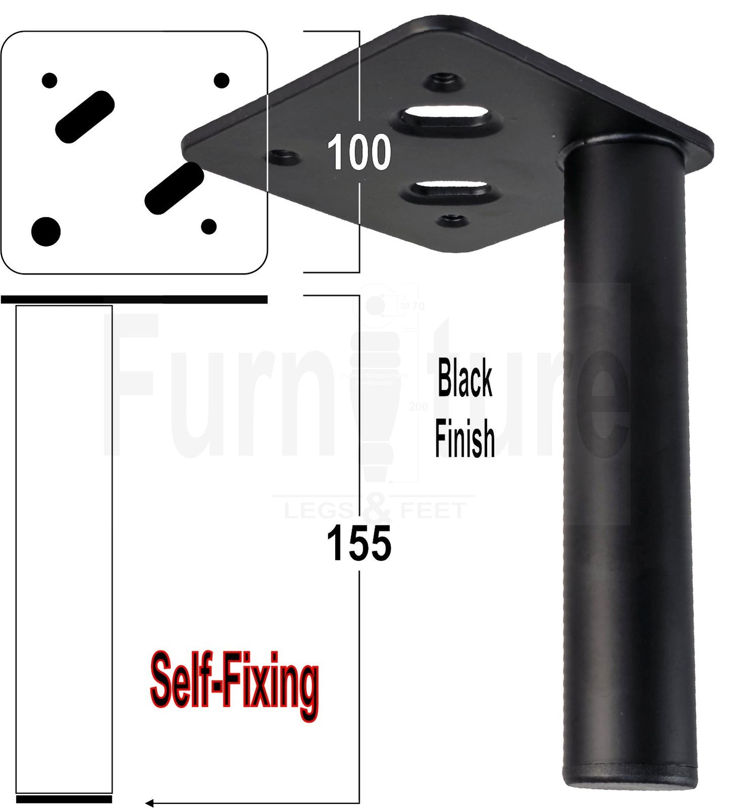 4 Metal Feet Replacement Furniture Legs Black Finish 155mm High Self-Fixing