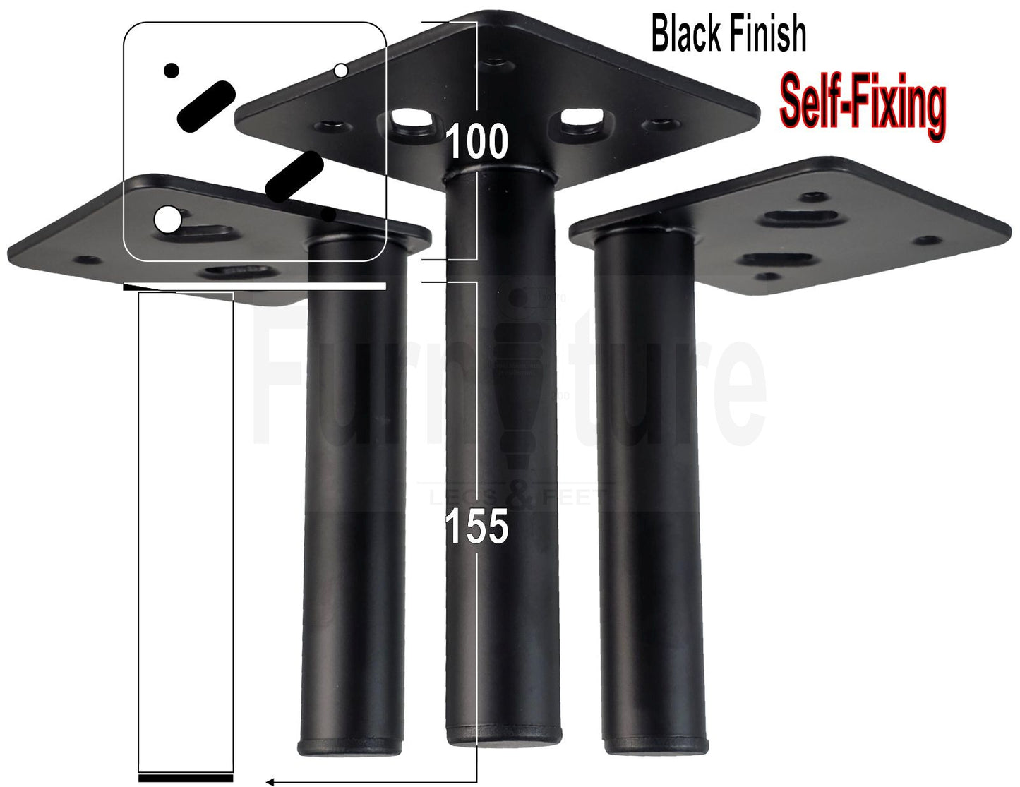 4 Metal Feet Replacement Furniture Legs Black Finish 155mm High Self-Fixing