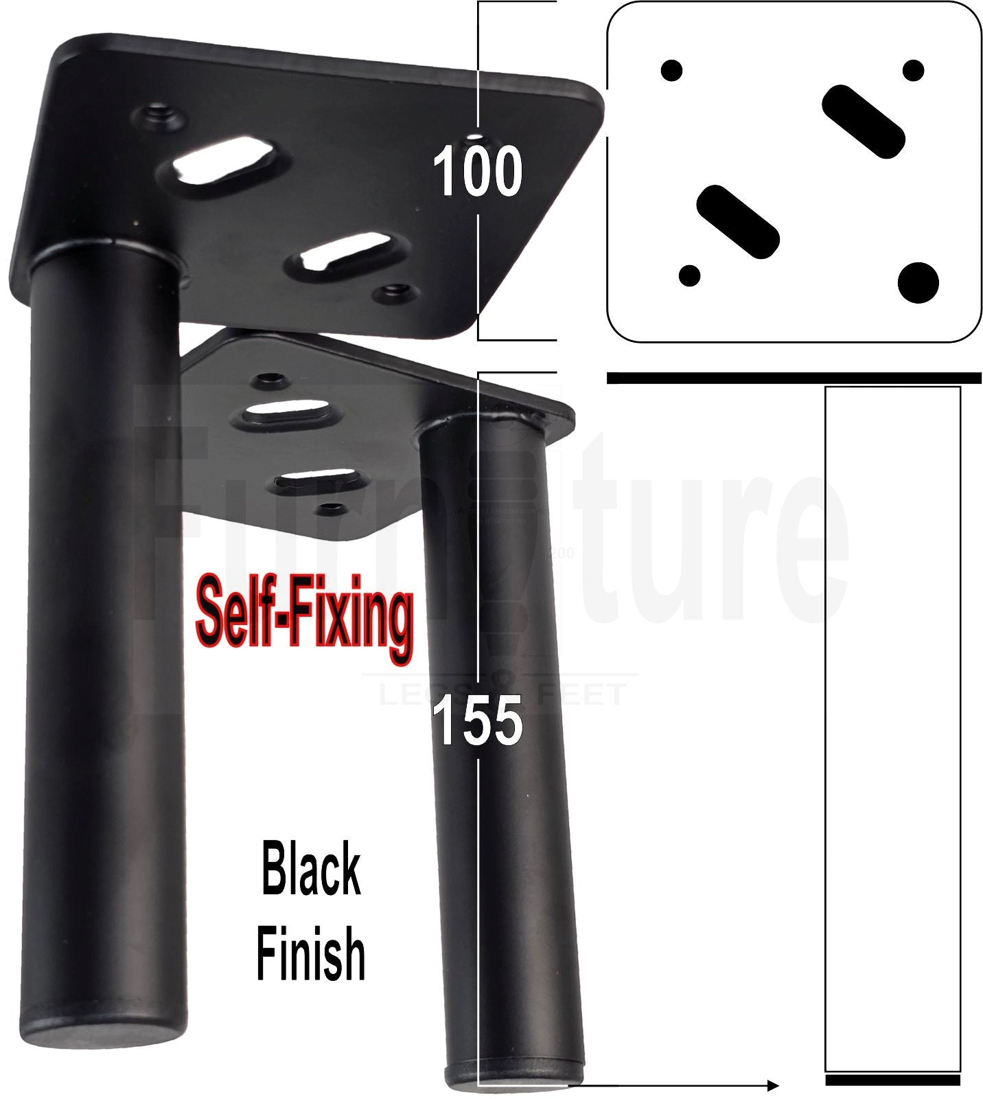 4 Metal Feet Replacement Furniture Legs Black Finish 155mm High Self-Fixing