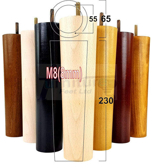 4 Solid Wood Turned Furniture Legs Replacement Bun Feet 230mm High Chairs Stools Sofa Bed Legs Settee & Cabinets M8 Multiple Colours