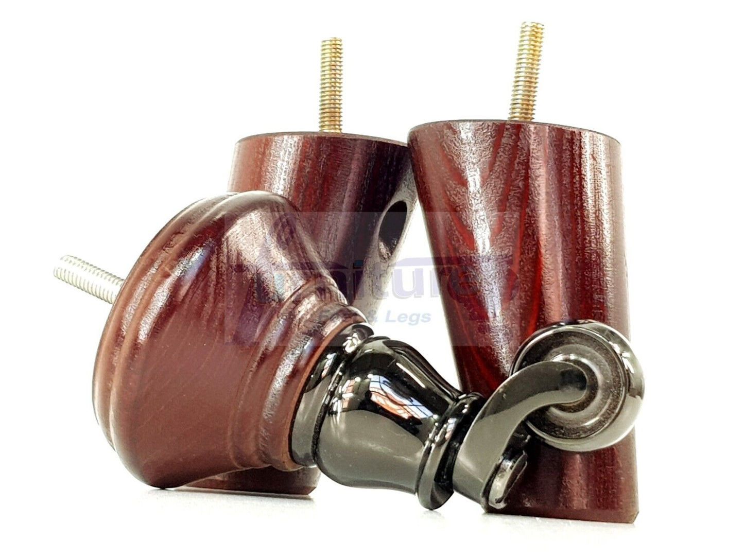 2 Antique Mahogany Wood Furniture Sofa Legs With Castor 125mm & 2 Angled Back Feet Chair Settee 100mm High M8