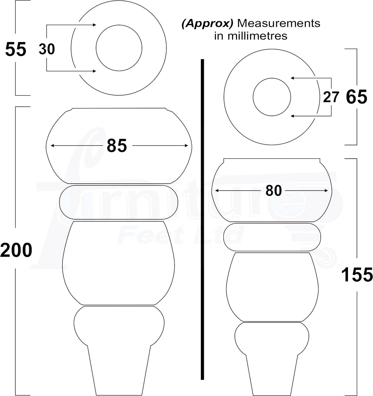 4 Solid Wood Furniture Legs Replacement Turned Feet 200mm High M8(8mm) Thread: Antique Mahogany