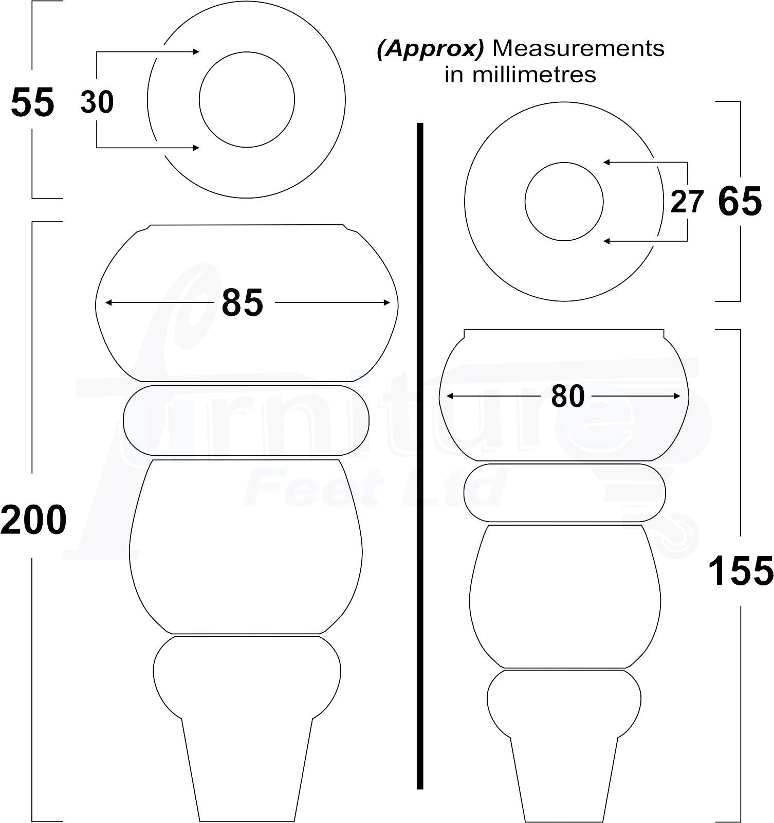4 Solid Wood Furniture Legs Replacement Turned Feet 200mm High M8(8mm) Thread: Antique Mahogany