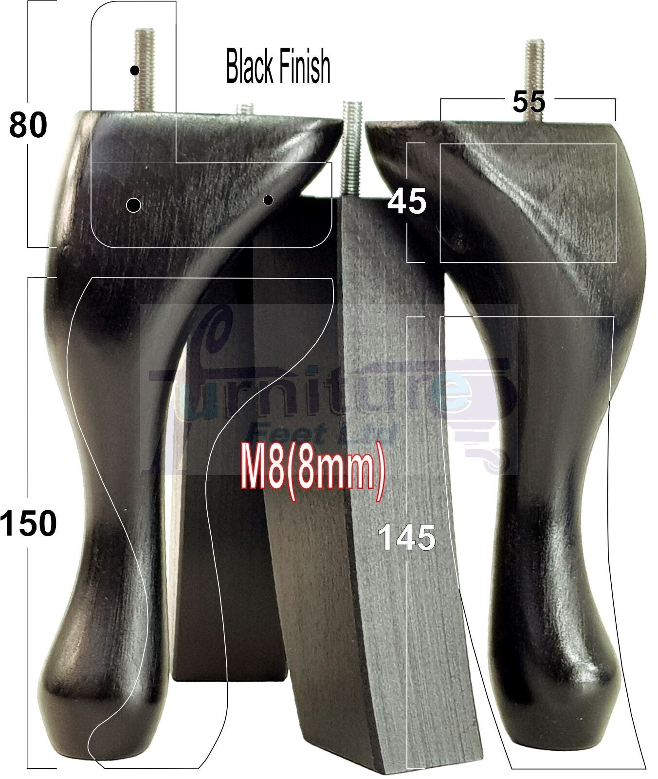 2x Vintage Queen Anne Replacement Furniture Legs & 2x Curved Back Feet 150mm 6 Inch High 8mm Thread