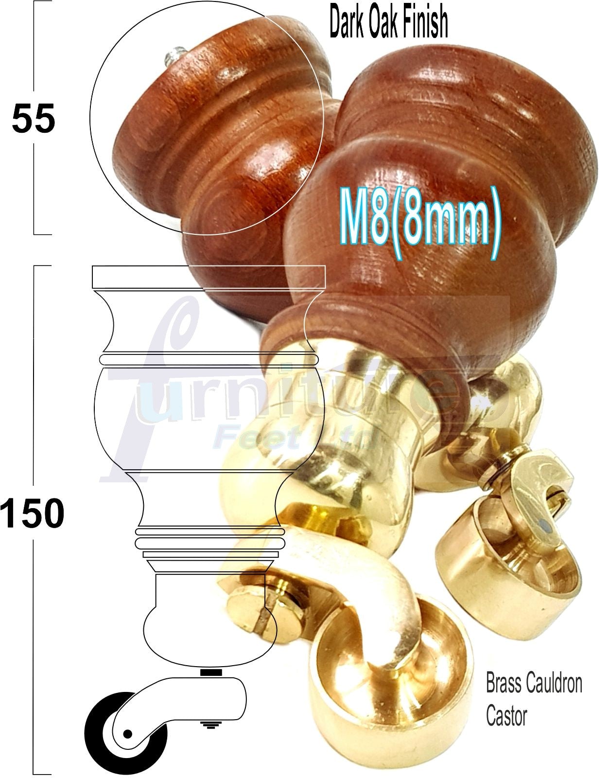 Set Of 4 Turned Wood Furniture Legs With 150mm High Castor 8mm Thread For Chairs Settees & Cabinets Dark Oak Finish