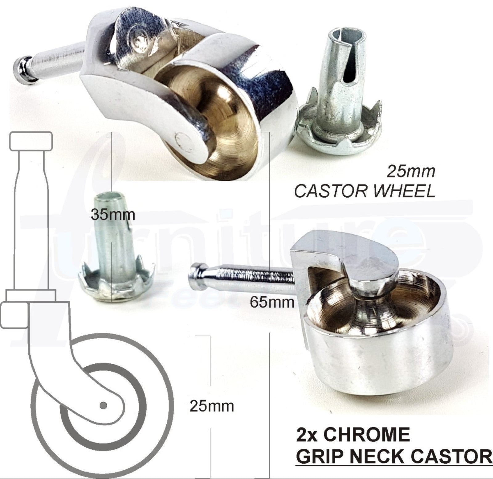 Chrome Castor & Socket 32mm Wheel Push In, Grip Neck Castors For Furniture