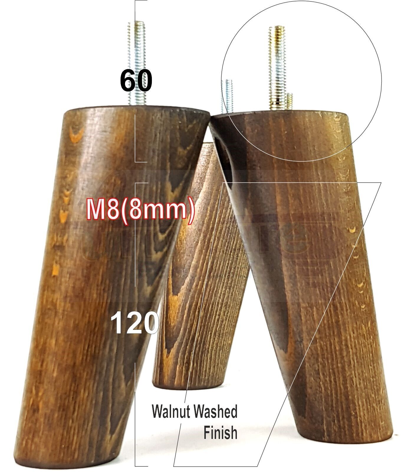 4 Solid Wood Turned Furniture Feet Replacement Mid Centry Angled Retro Legs 120mm High M8 Sofa Chairs Stools Cabinets Beds