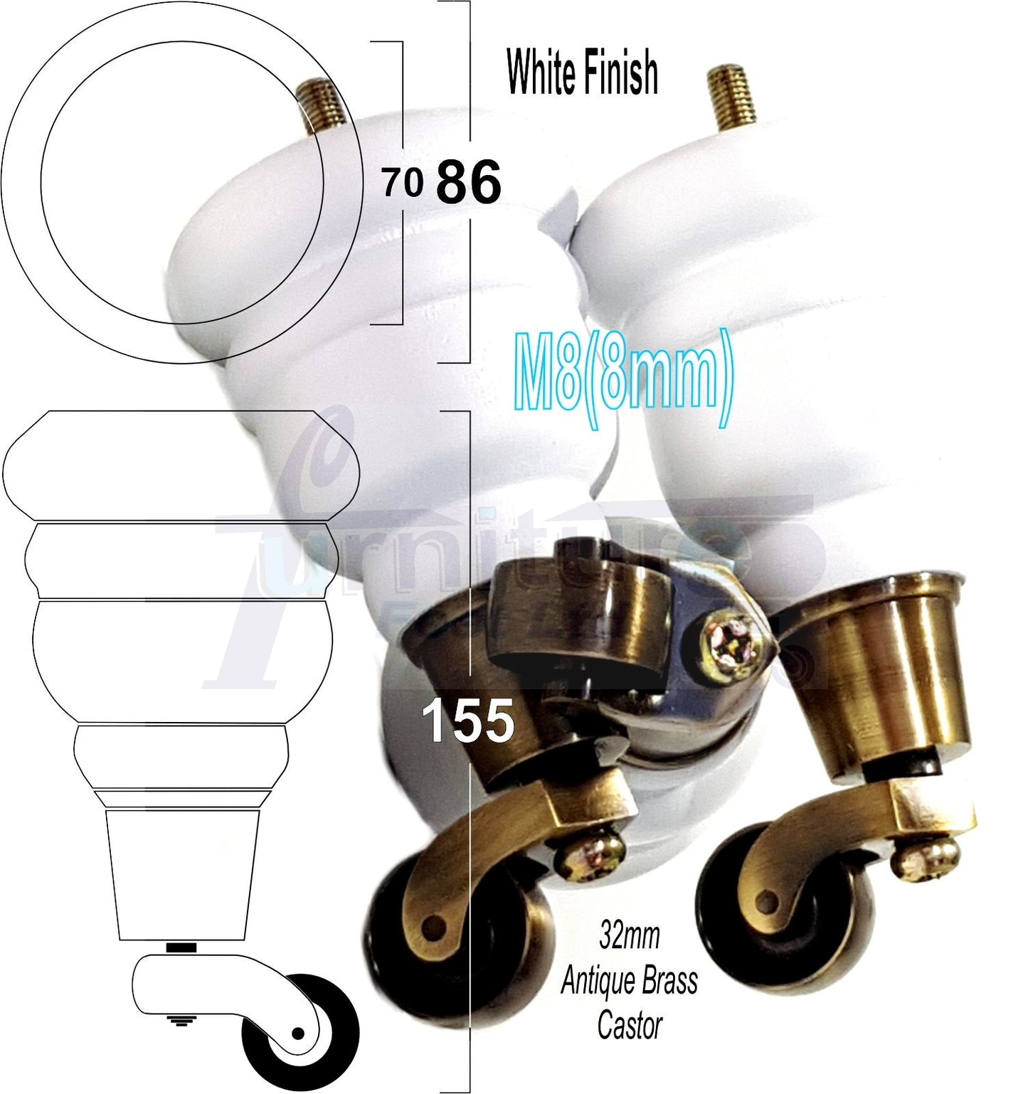 4 Turned Wood Furniture Feet With Antique Brass Castors 155mm Legs Sofas Chairs Stools Cabinets Beds M8 6 Inches