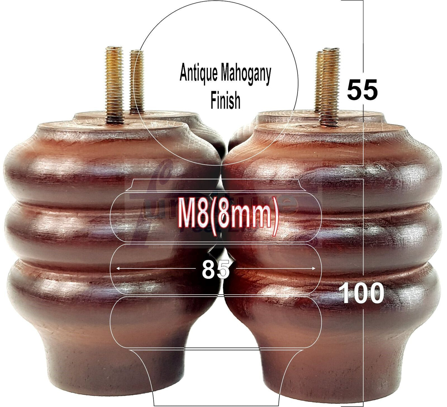 Set Of 4 Solid Wood Turned Furniture Legs Replacement Bun Feet 100mm High 8mm Thread