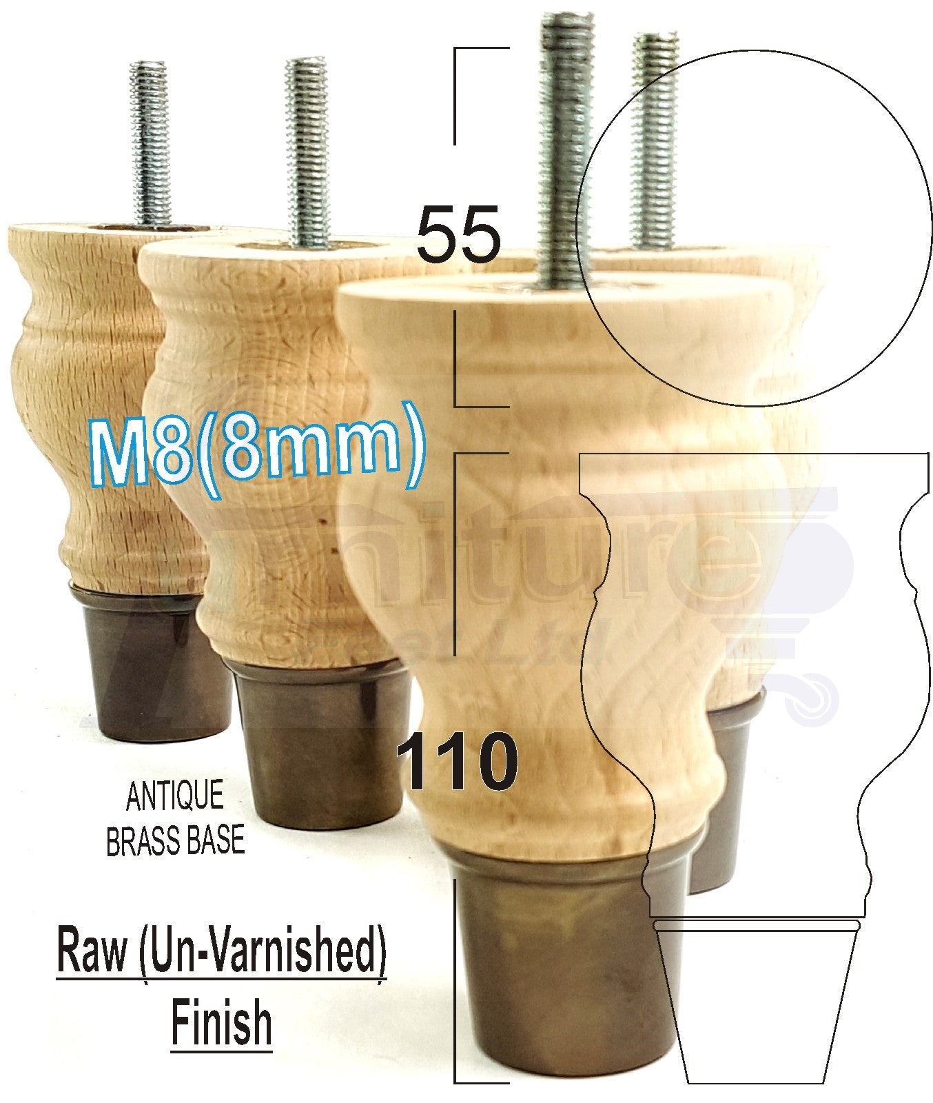 4x Turned Wood Furniture Feet With Slipper Cup M8 Chair Sofa Settee Legs 110mm