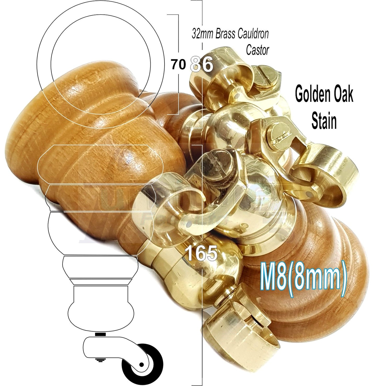 4 Turned Wood Furniture Feet With Brass Cauldron Castors 160mm Legs Sofas Chairs Stools Cabinets Beds M8 6 Inches