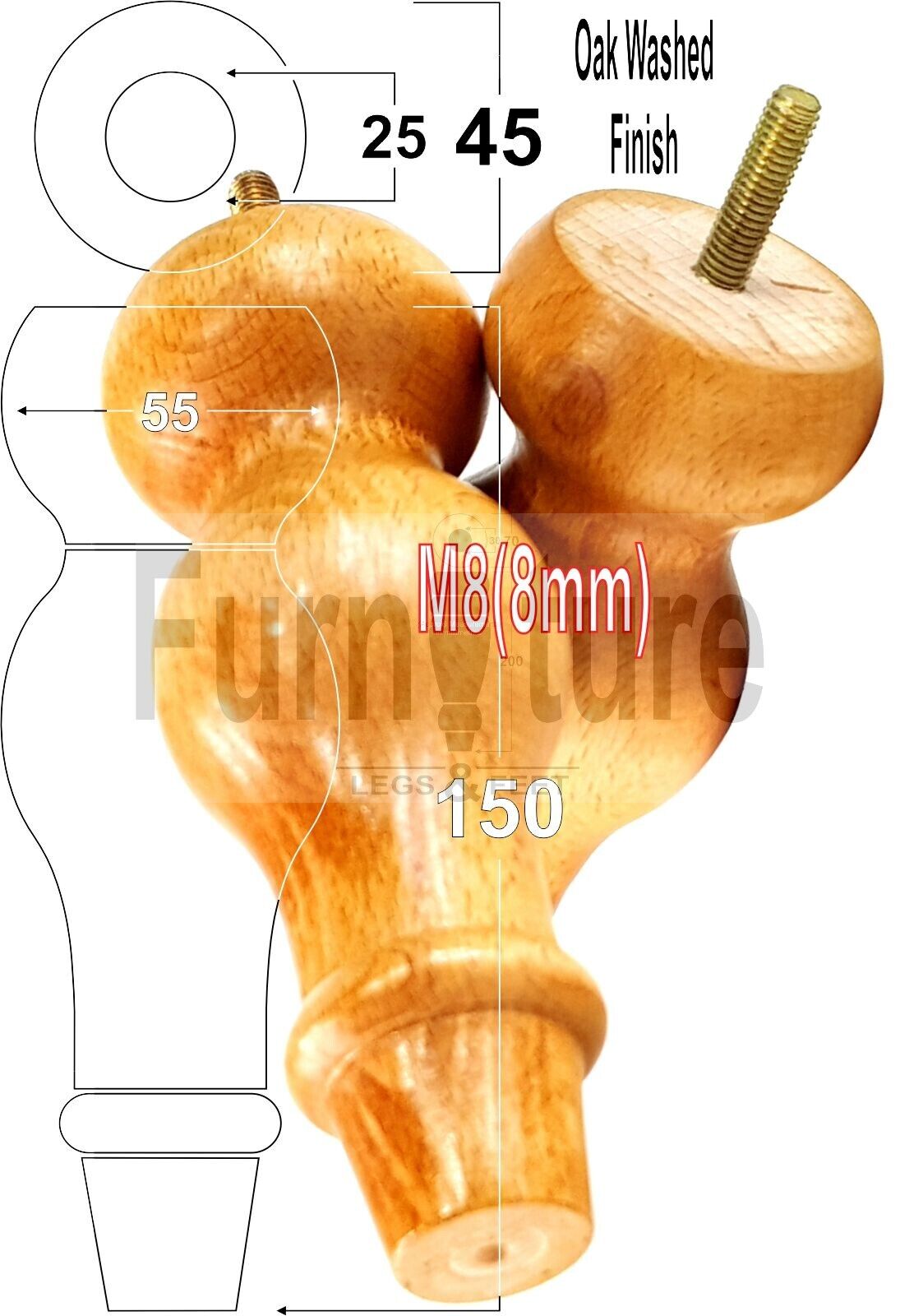 Set Of 4 Solid Wood Turned Furniture Feet Replacement Legs 150mm High 8mm Thread